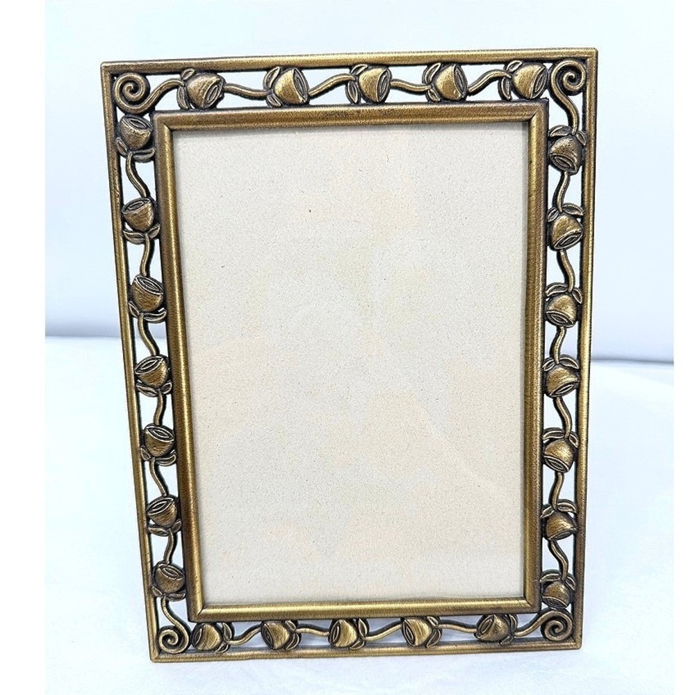 Brass Tone Picture Frame Antique Gold Floral Rose Filigree Vintage Decor 5x7